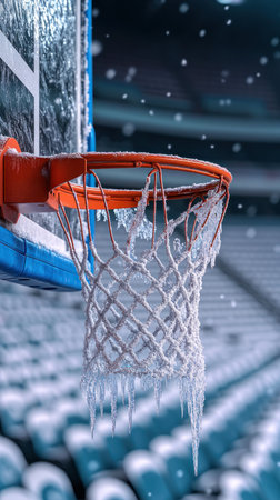 Icicles hang from the basketball net as snowflakes drift down in an empty arena.の素材