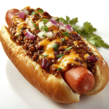 Juicy hot dog covered in savory chili, melted cheese, and diced onions, ready to enjoy.の素材