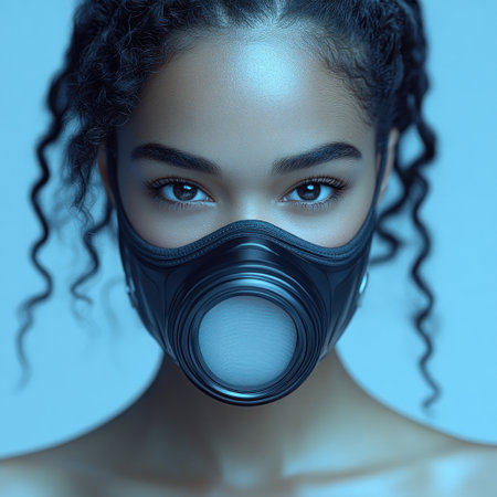 A young woman stands confidently in a stylish black mask on a blue backdrop.の素材