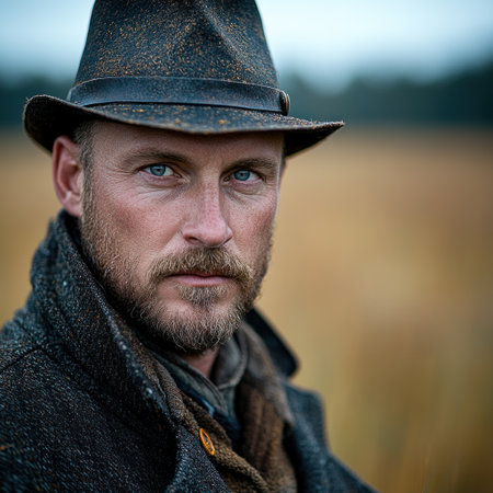 A rugged man with striking blue eyes stands in a golden field, lost in contemplation.の素材