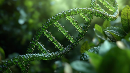A lush DNA helix made of green elements nestled among fresh foliage, symbolizing life.の素材