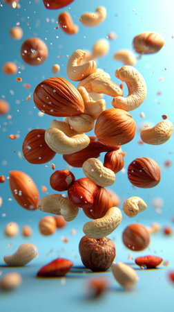 A vibrant mix of nuts hangs in mid air, highlighting their colors and textures.の素材
