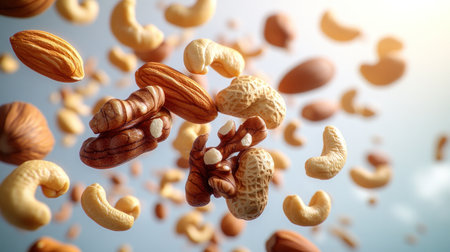 Nuts hang in the air, creating a colorful display against a clear sky.の素材