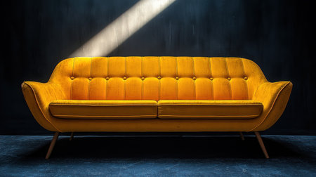 A vibrant yellow velvet sofa showcases vintage style and modern charm.の素材