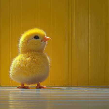 A small fluffy chick explores a sunny space with vibrant yellow walls.の素材