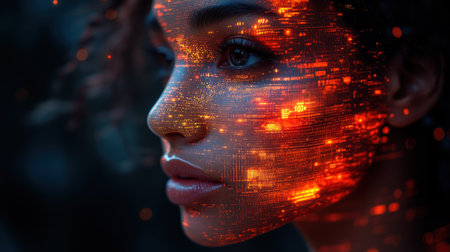 A woman gazes thoughtfully as light patterns shimmer across her face in twilight.の素材