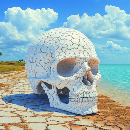 A massive cracked skull sits on dry land beside a serene body of water and clouds.の素材