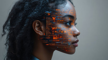 A striking portrait of a young woman with digital patterns on her face.の素材
