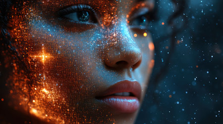 A close up of a woman's face adorned with sparkling cosmic patterns at twilight.の素材