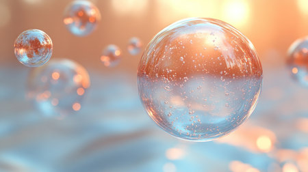 Bubbles rise gently, reflecting golden sunlight on a serene water surface.の素材