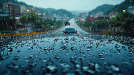 Water droplets glisten on the car surface as the cityscape blurs in rainy weather.の素材