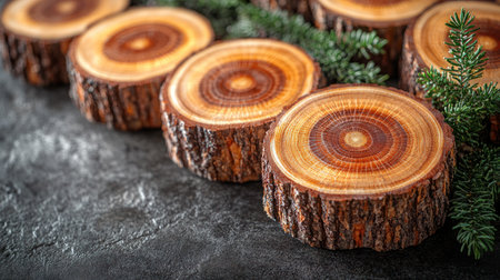 Rustic wooden slices showcase intricate growth rings alongside fresh pine branches.の素材