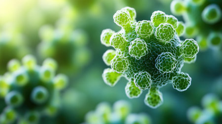 Zoomed in view of a virus highlighting its complex surface features.の素材