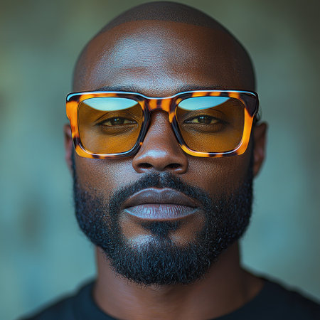 Man showcases stylish sunglasses and confident demeanor against a textured backdrop.の素材