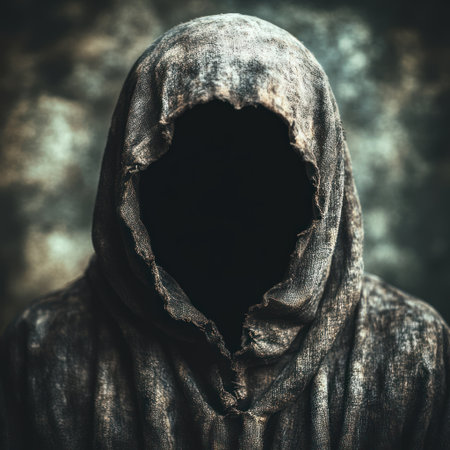 Cloaked presence with no visible face evokes intrigue and unease in dim surroundings.の素材
