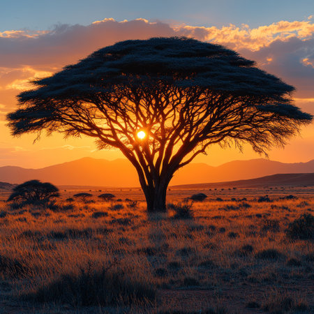 Golden hues fill the sky as a majestic acacia tree stands tall against the sunset.の素材