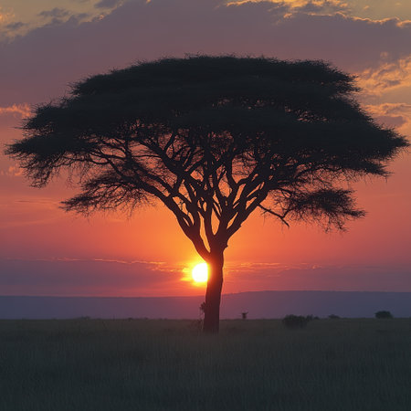 An acacia tree stands tall as the sun sets, casting its shadow over the vast savannah.の素材