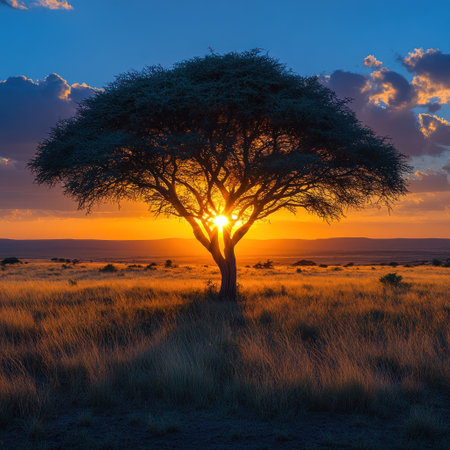 A stunning sunset paints vibrant colors behind a lone tree at dusk.の素材