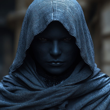 A cloaked figure exudes mystery in a shadowy urban alley at twilight.の素材