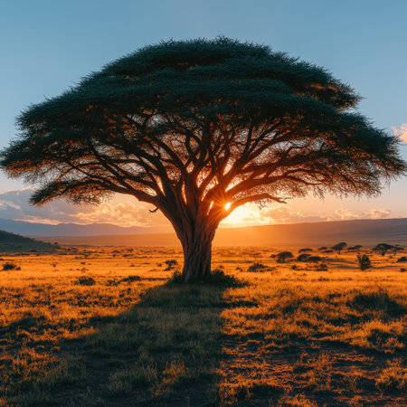 Golden rays of sunset shine through the branches of a large acacia tree on an open plain.の素材