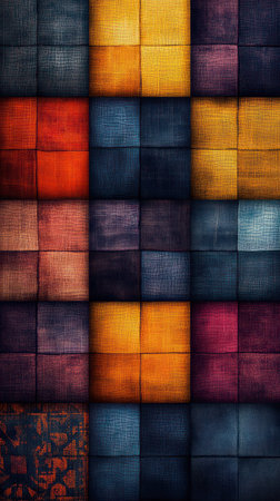 Colorful fabric squares create a stunning display of artistry in a lively marketplace.の素材