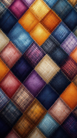 Textile design showcases a vibrant patchwork of colors and textures for warmth.の素材
