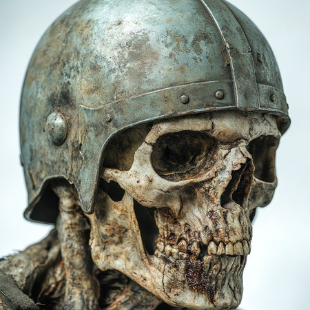 A detailed skeletal figure symbolizes an ancient warrior in a metal helmet.の素材