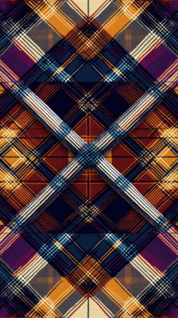 Discover a vibrant plaid design with dynamic colors and intricate lines.の素材