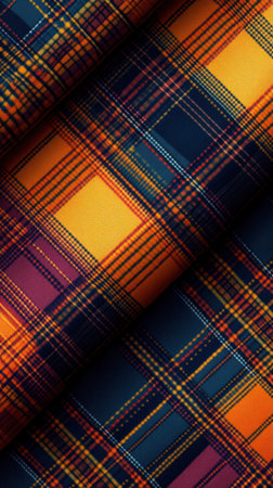 Bold orange and navy plaid fabric draped elegantly, perfect for stylish attire and decor.の素材