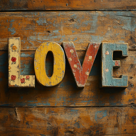 Wooden letters in vibrant colors spell love, set against an aged, textured wood surface.の素材