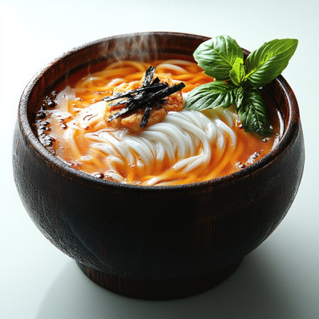 Warm bowl of noodle soup, garnished with herbs and seaweed, steaming gently.の素材