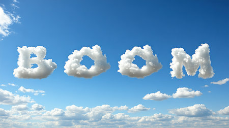 Fluffy clouds float in the azure sky, creatively spelling out a joyful message with charm.の素材