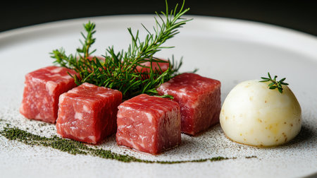Exquisite beef cubes arranged artistically with fresh herbs and a creamy sphere nearby.の素材