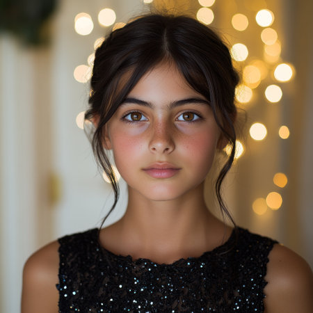 A young girl poses gracefully in a shimmering dress, surrounded by warm, glowing lights.の素材