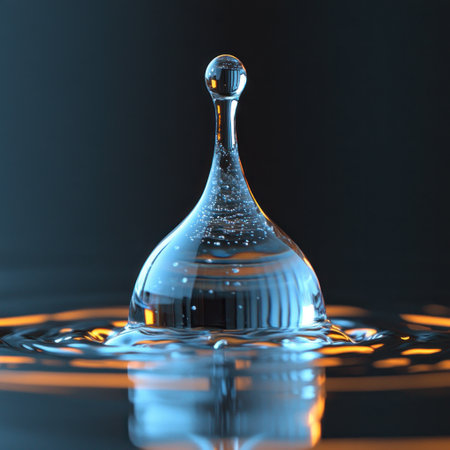 A perfect water droplet hovers above a calm surface, evoking tranquility.の素材