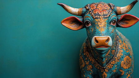 A vibrant handcrafted bull sculpture showcases stunning artistry and intricate patterns.の素材