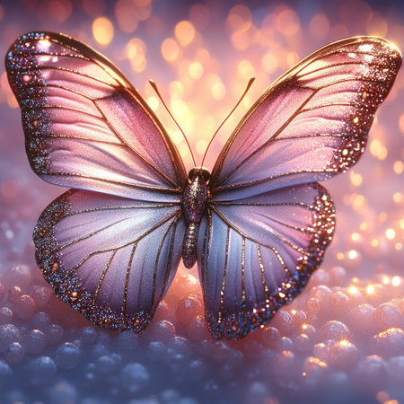 A vibrant butterfly with sparkling wings rests amidst shimmering lights in the twilight.の素材