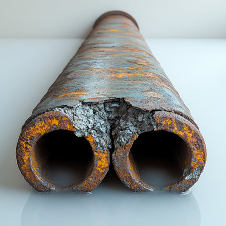 Two weathered pipes with rust and texture create a striking focal point in the room.の素材