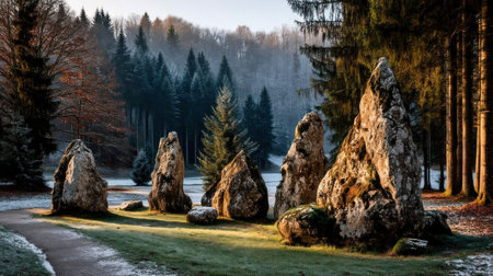 Ancient stones stand in a tranquil winter forest, whispering tales of old.の素材