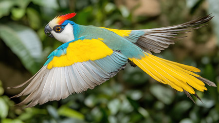 A stunning macaw soars through a bright green tropical forest, its feathers dazzling.の素材