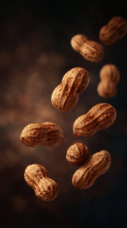 Peanuts float elegantly against a dark background, showing their beauty.の素材