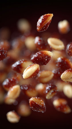 Roasted nuts hover, showcasing rich colors and textures against a dark backdrop.の素材