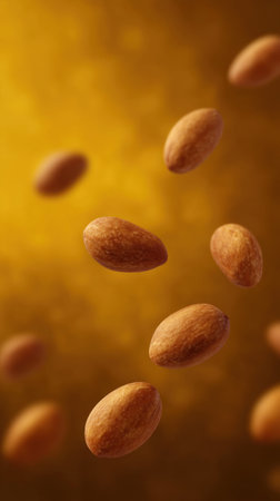 Brown almonds float above a shimmering gold surface, radiating warmth.の素材