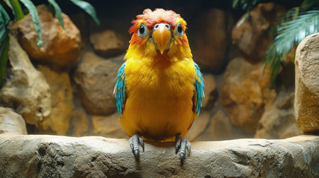Brightly colored parrot poses confidently on a natural stone perch in lush surroundings.の素材