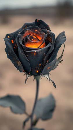 A mesmerizing black rose reveals an orange glow at its center, surrounded by stars.の素材