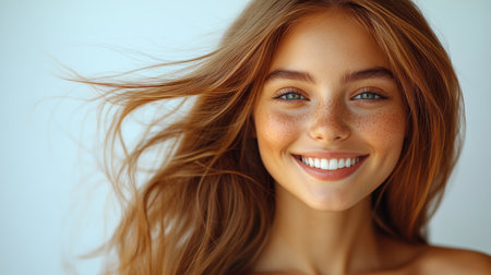 Radiant woman exudes joy, flowing hair glowing in the warm sunlight.の素材