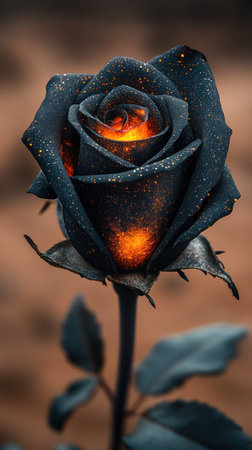 A stunning rose blooms, revealing glowing sparks within its petals under a dreamy sky.の素材