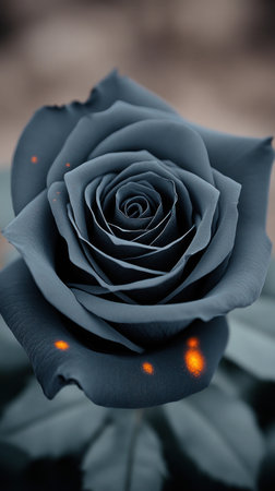 Dark rose petals contrast with bright orange highlights, enchanting all who pass.の素材