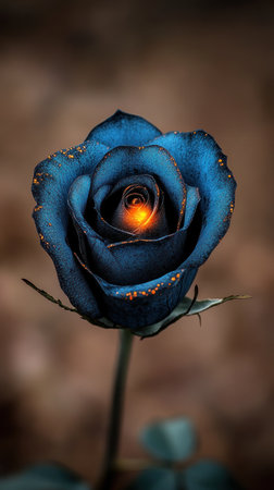 A blue rose with a glowing core stands out against a soft, blurred background.の素材