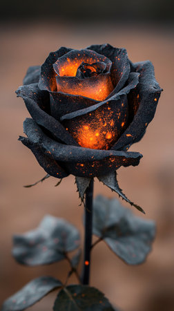 A unique black rose radiates a warm orange glow, showcasing enchanting colors at dusk.の素材